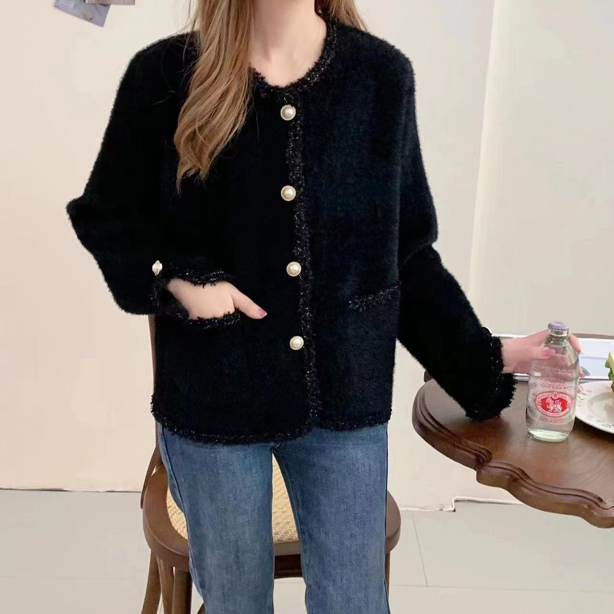 Women's Bouclé Jacket with Elegant Pearl Buttons
