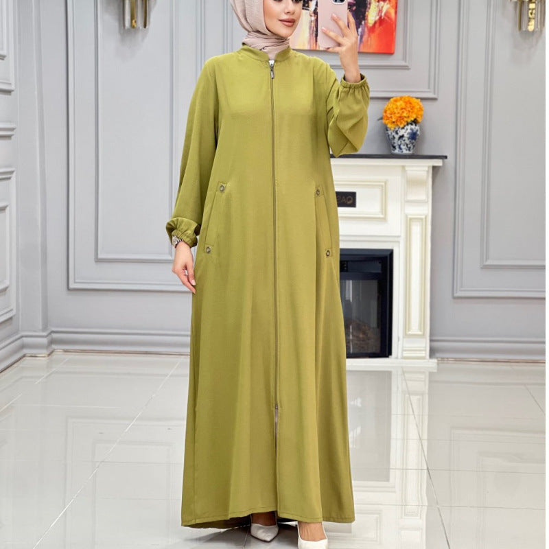 Women's Long Coat with Zipper and Practical Pockets