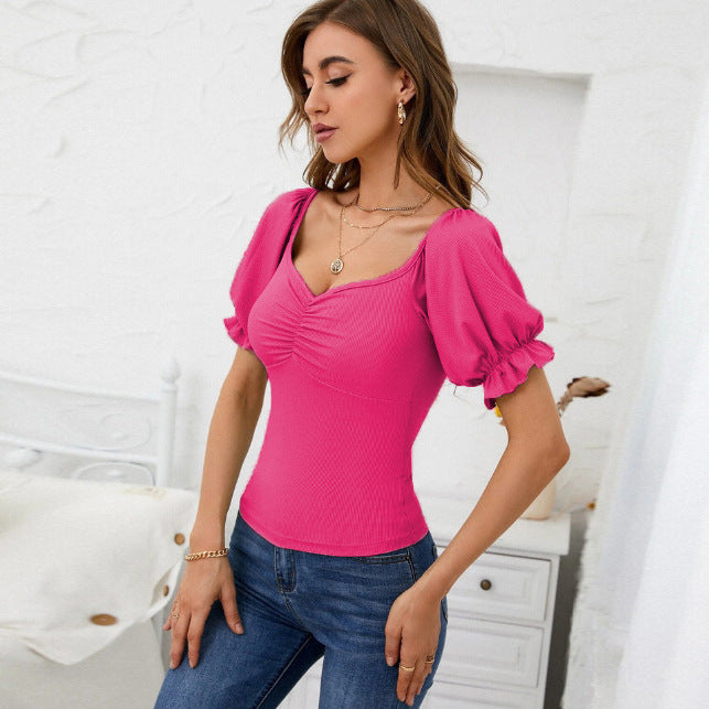 Women's Bodysuit with Puff Sleeves and Ruching