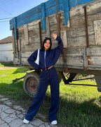 Women's Cozy Leisure Set with Zipper and Wide-Leg Pants