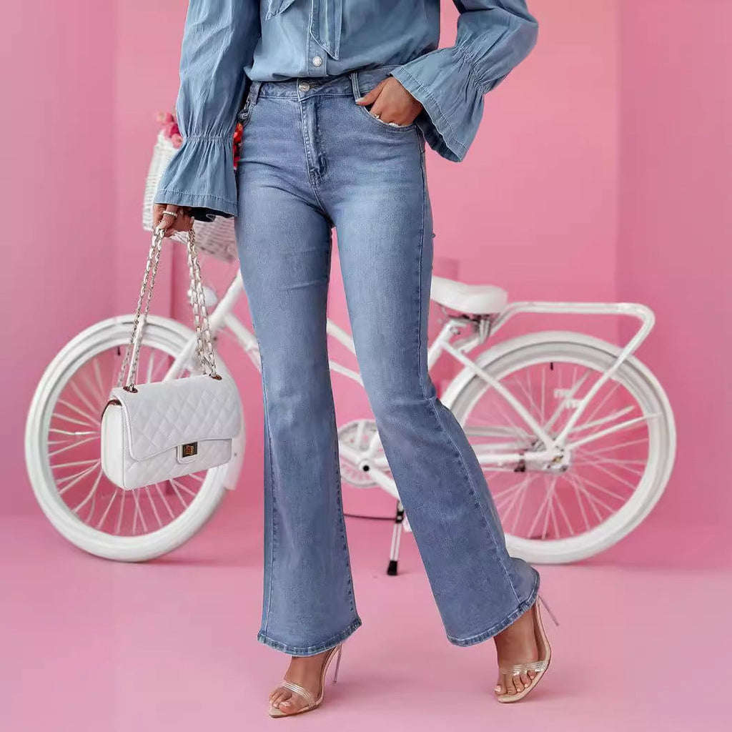 Women's Denim Shirt with Ruffles and Bow Details