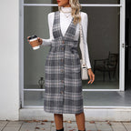 Women's Plaid Jumpsuit with Button Placket and Wide Straps