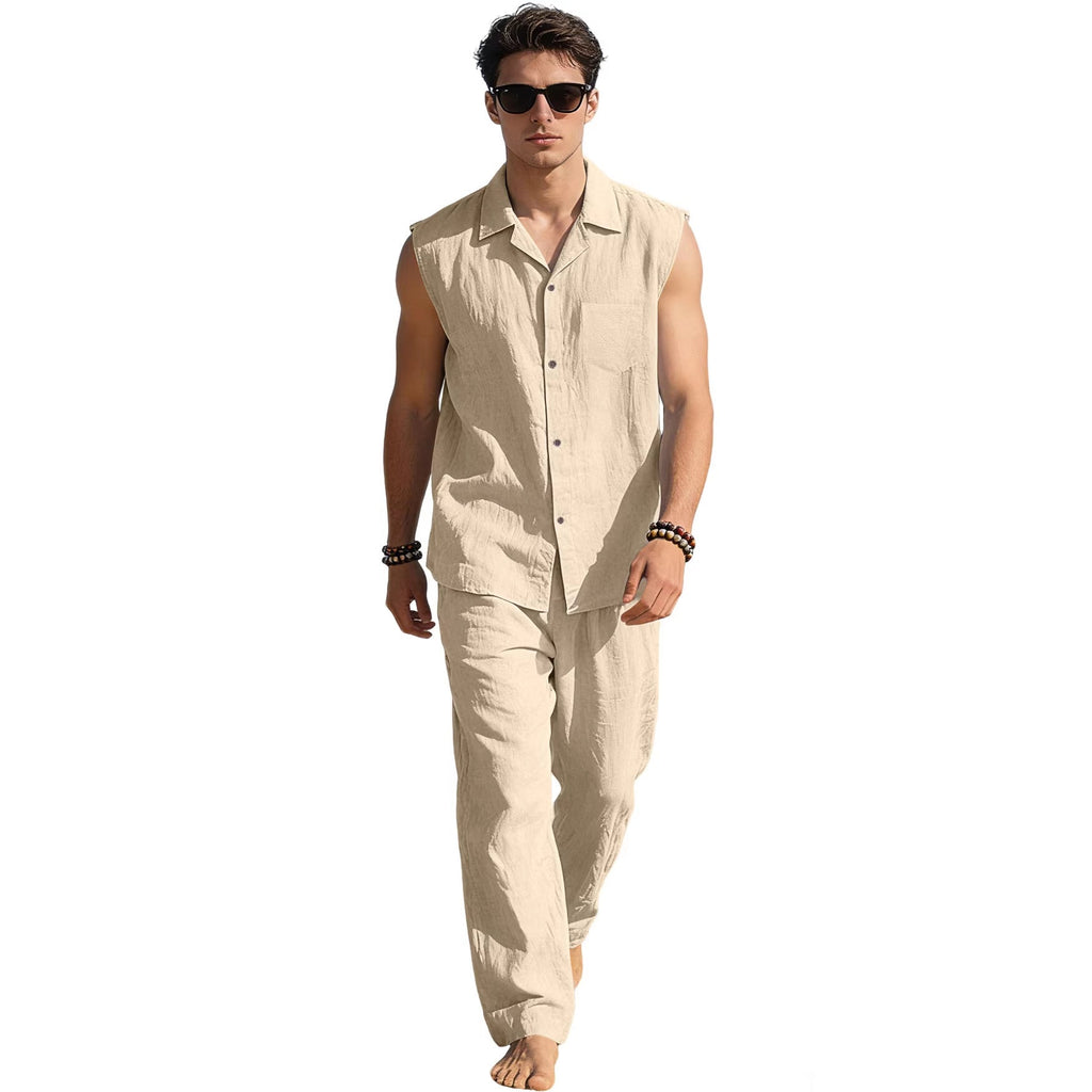 Men's sleeveless linen leisure set with lapel collar, chest pocket, and straight pants