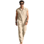 Men's sleeveless linen leisure set with lapel collar, chest pocket, and straight pants