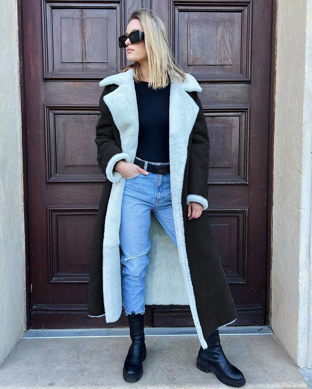 Women's Long Fleece Coat with Fold-Down Collar