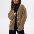 Women's Fluffy Cardigan with Pearl Buttons and Loose Fit