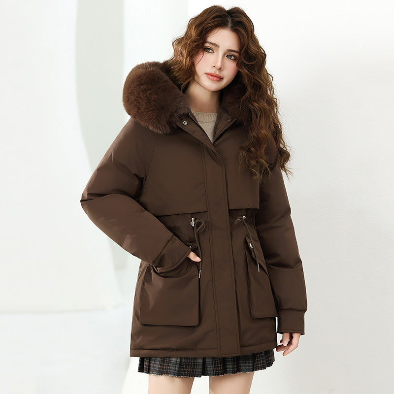 Women's Fashionable Winter Jacket with Detachable Hood and Faux Fur