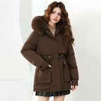 Women's Fashionable Winter Jacket with Detachable Hood and Faux Fur