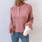 Women's Cozy Knit Pullover with Button Placket and Wide Sleeves