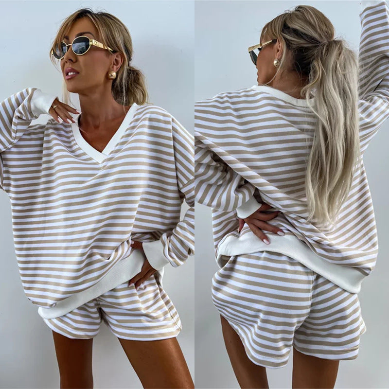 Women's Casual Short-Sleeve Set with Maritime Stripe Pattern and Elastic Waist
