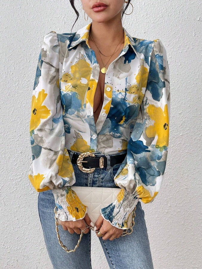 Women's Floral Print Blouse with Puff Sleeves