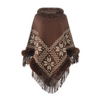Women's Elegant Poncho with Decorative Fringe Design and Faux Fur Trim