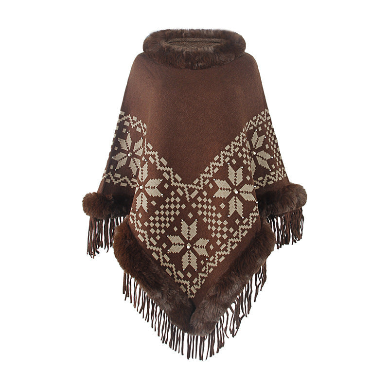 Women's Elegant Poncho with Decorative Fringe Design and Faux Fur Trim
