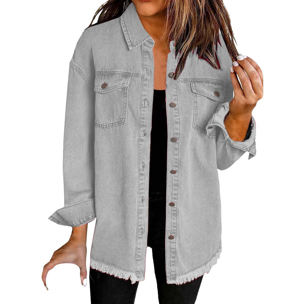 Casual Denim Shirt with Frayed Hems and Chest Pockets