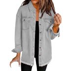 Casual Denim Shirt with Frayed Hems and Chest Pockets