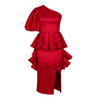 Women's Evening Dress with Asymmetrical Ruffle and Flowing Hem