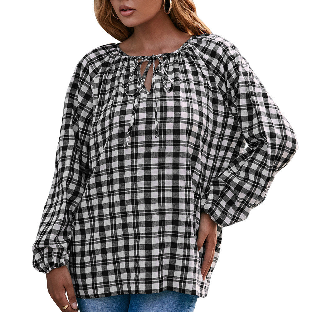 Blouse with Plaid Pattern and Bow Detail