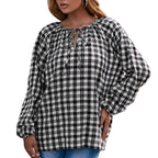 Blouse with Plaid Pattern and Bow Detail
