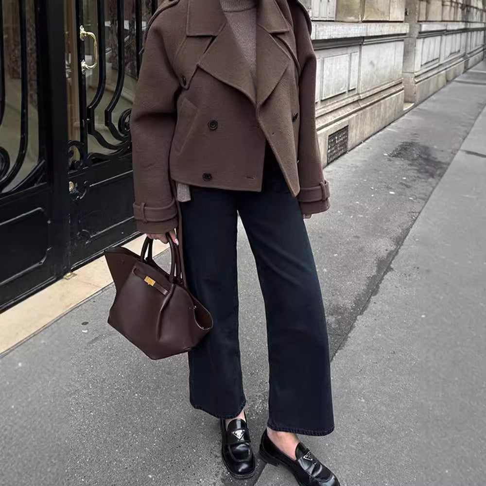 Women's Cropped Trench Jacket with Adjustable Belt and Double-Breasted Design