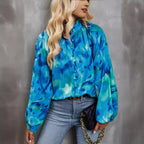 Women's Blouse with Colorful Floral Print and Pussy Bow Collar