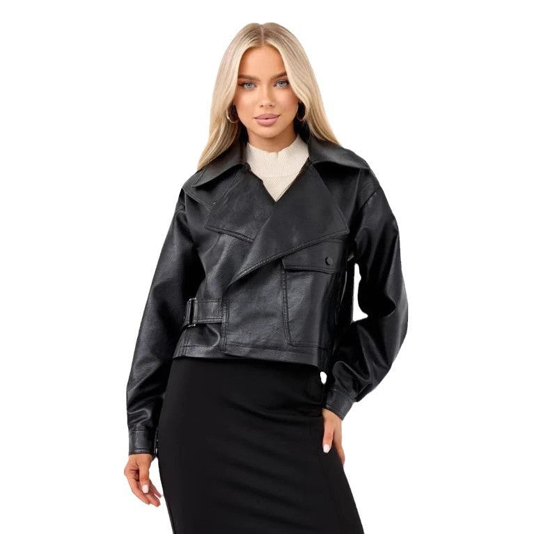 Women's Cropped Faux Leather Biker Jacket