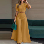 Elegant Short Puff-Sleeve Top and High-Waisted Palazzo Pants Set