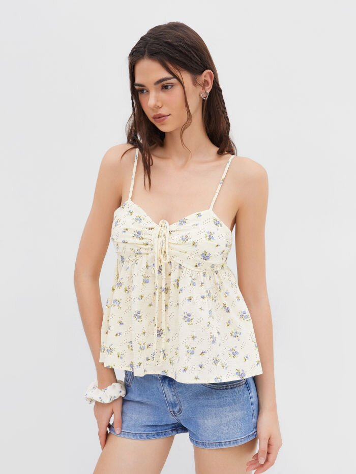 Women's Floral Summer Top with Decorative Drawstring