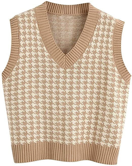 Women's Sleeveless Knit Vest with Modern Houndstooth Pattern