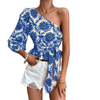 Women's Asymmetrical Top with Voluminous Sleeve and Waist Belt