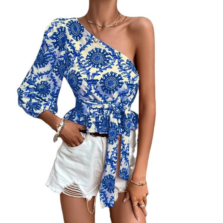 Women's Asymmetrical Top with Voluminous Sleeve and Waist Belt