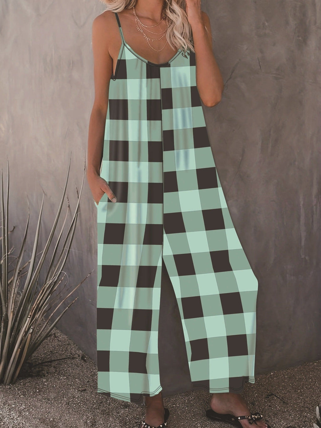 Women's Casual Plaid Jumpsuit with Pockets
