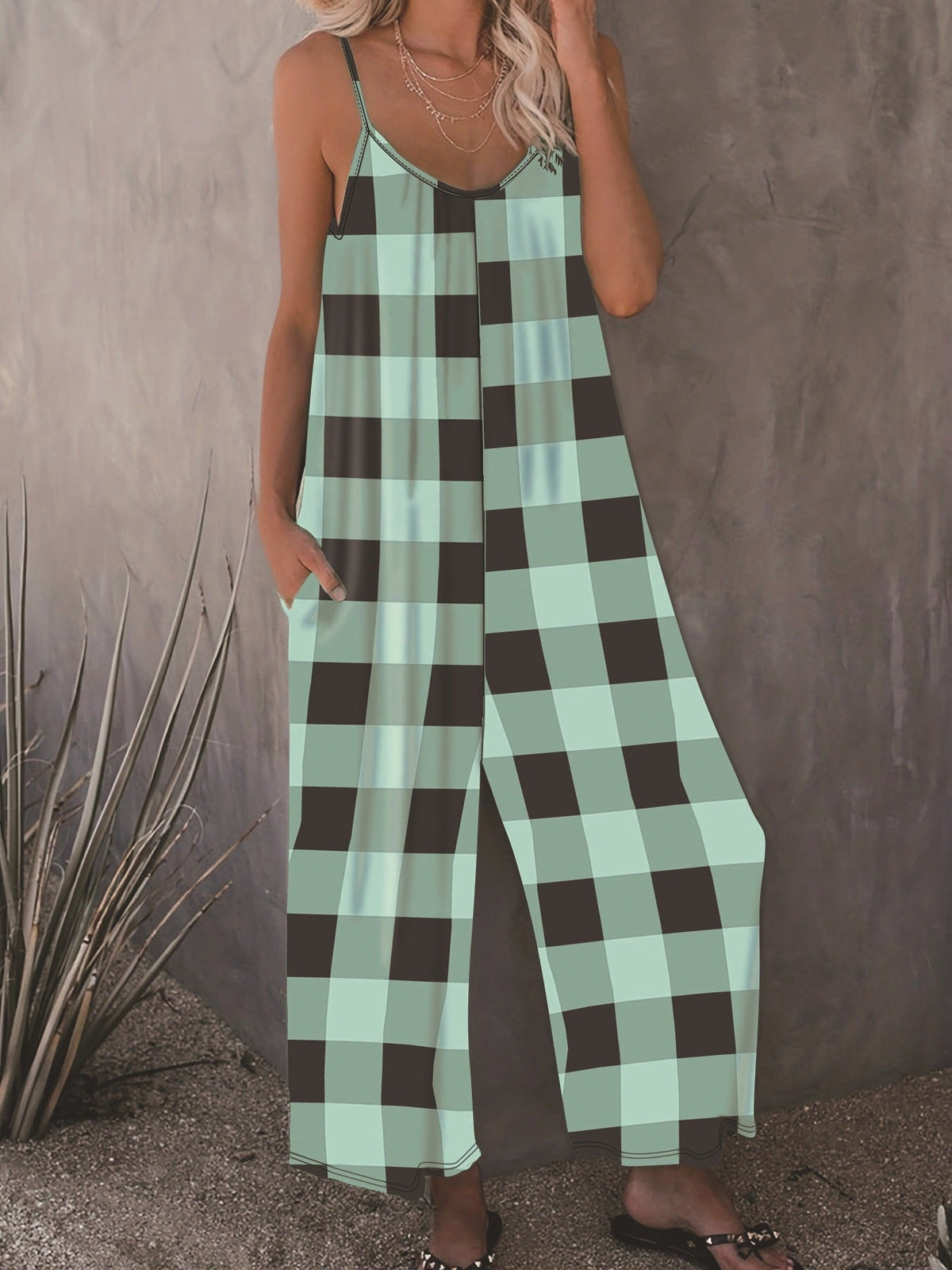 Women's Casual Plaid Jumpsuit with Pockets