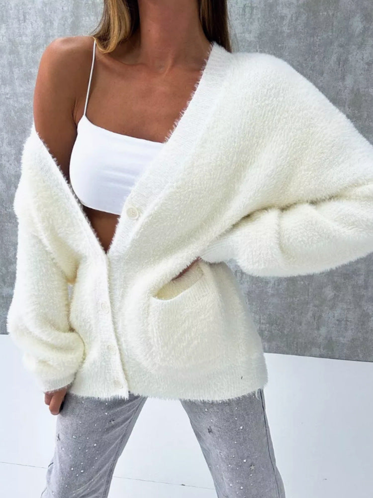 Women's Fluffy Button-Down Cardigan with Loose Fit