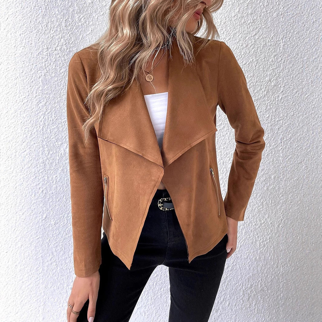 Women's Elegant Velour Jacket with Asymmetric Lapel and Zipper Pockets