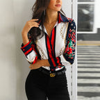 Elegant Women's Long-Sleeve Blouse with Floral Print and Chain Motif