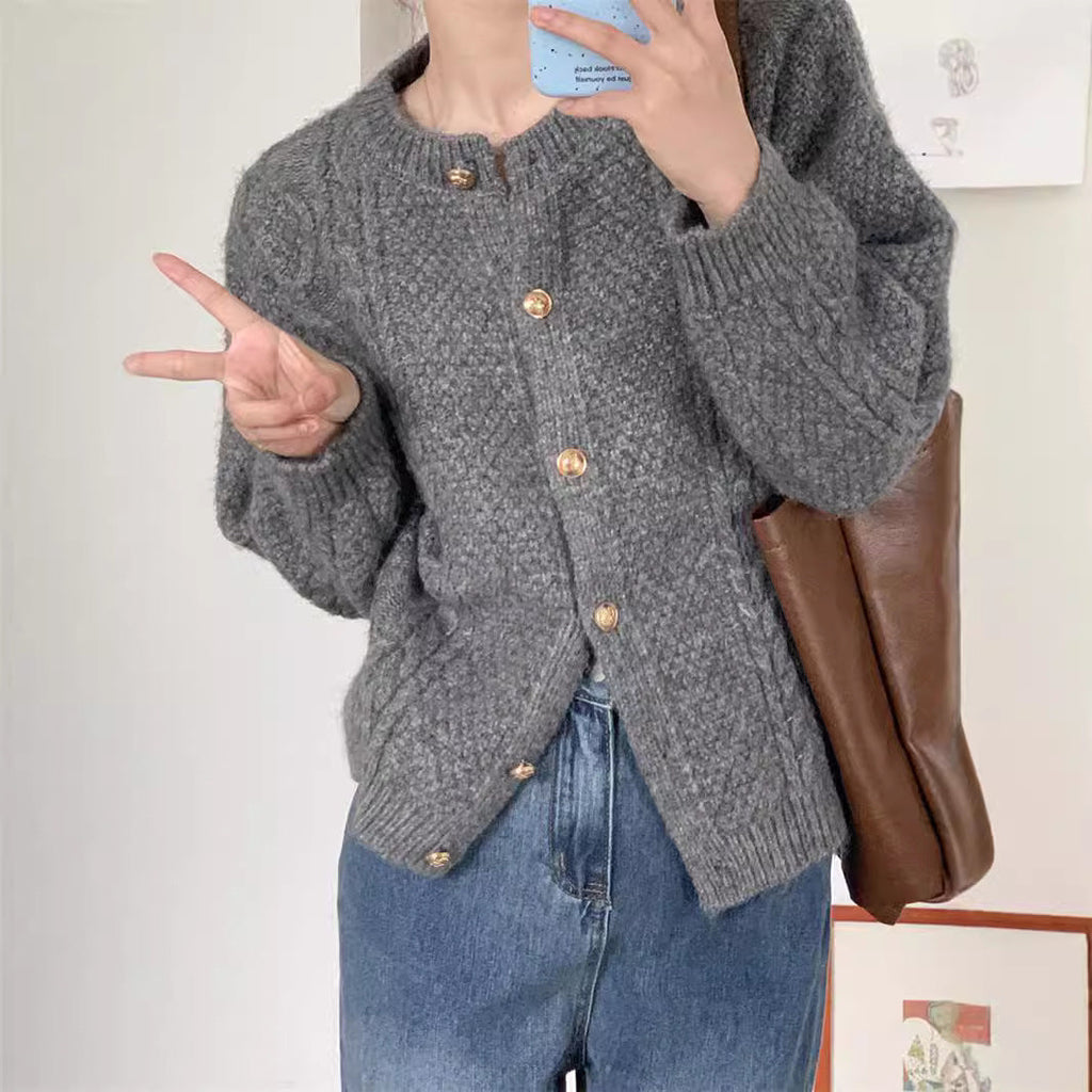 Women's Patterned Cardigan with Gold Buttons and Wide Cut