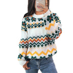 Women's Chunky Knit Sweater with Colorful Zigzag Pattern and Floral Accents