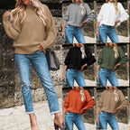 Women's Chunky Knit Sweater with High Collar and Balloon Sleeves