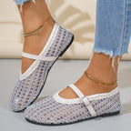 Women's Ballet Flats with Buckle Detail and Mesh Texture