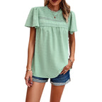 Women's Blouse with Puff Sleeves and Decorative Lace Trim