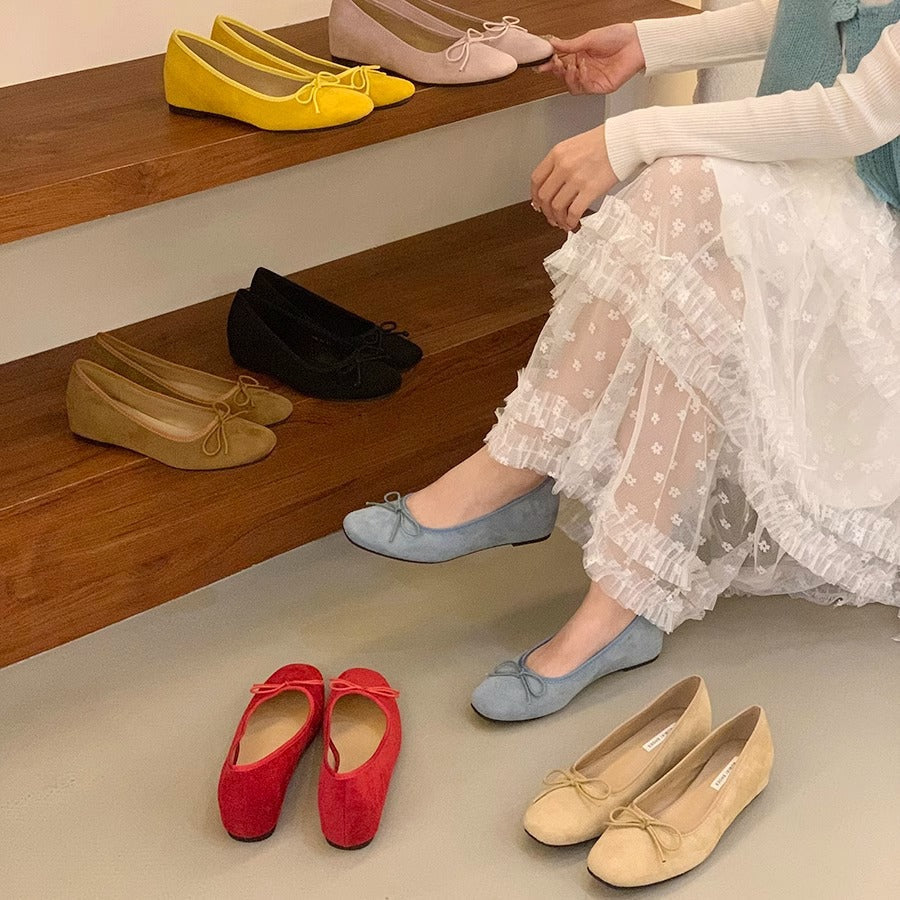 Women's Suede Ballet Flats with Playful Bow Detail