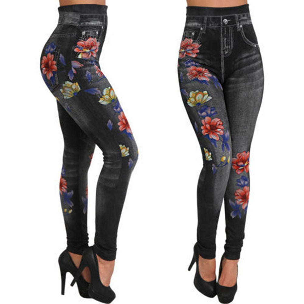 Women's High-Waisted Jeans-Look Leggings with Floral Motif
