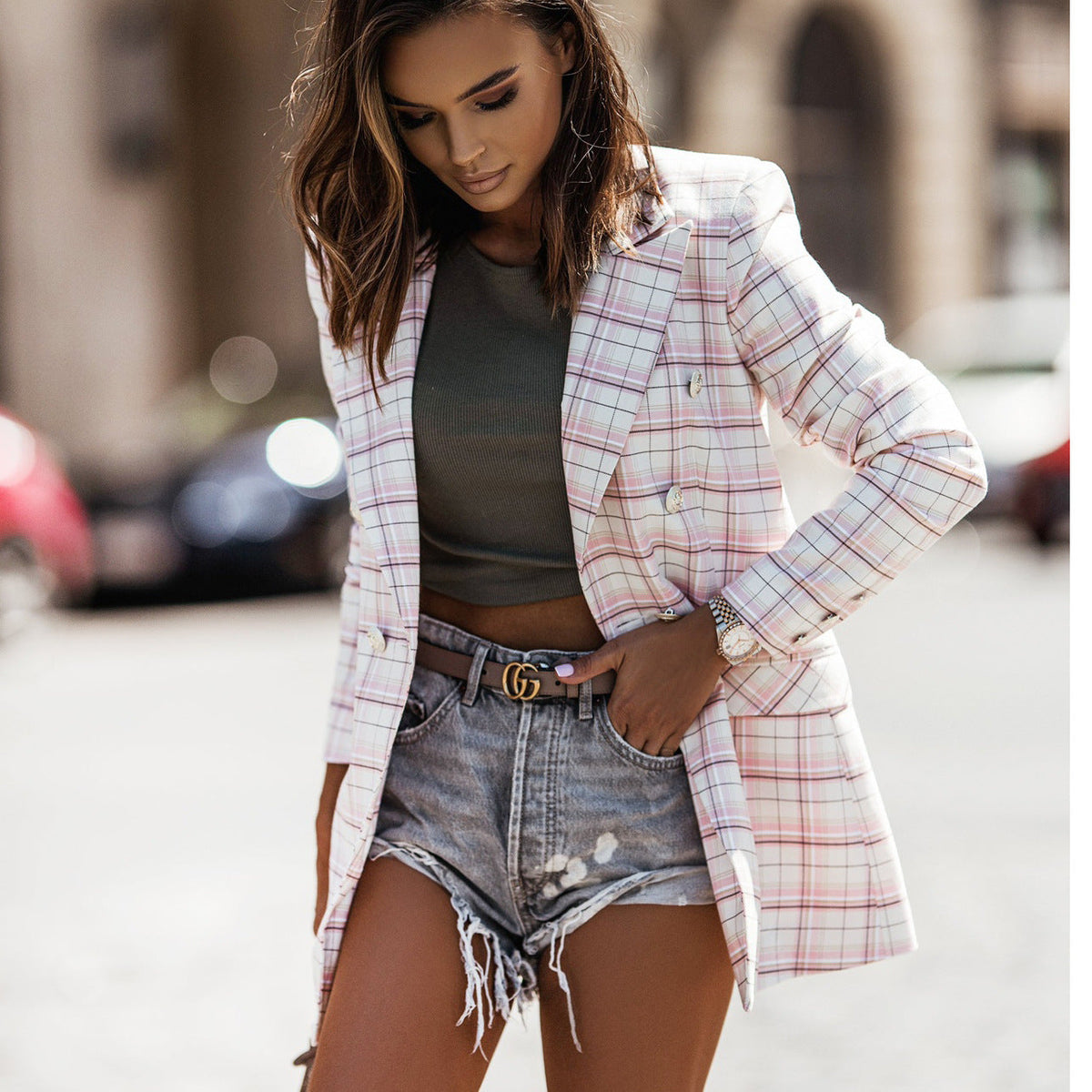 Women's Elegant Plaid Blazer with Double Buttons