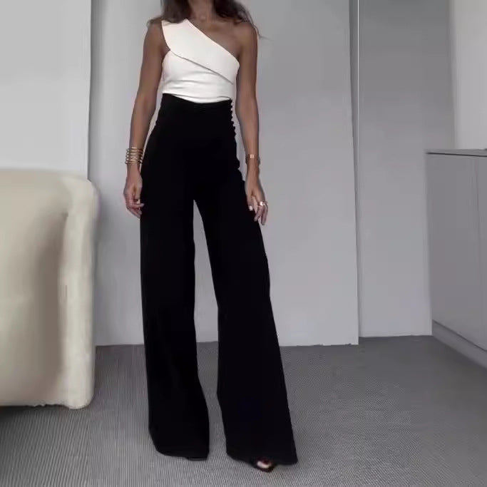 One-Sided Wide-Leg Jumpsuit with Decorative Neckline