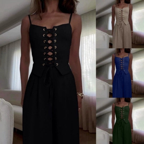 Women's Jumpsuit with Feminine Lacing and Wide Leg