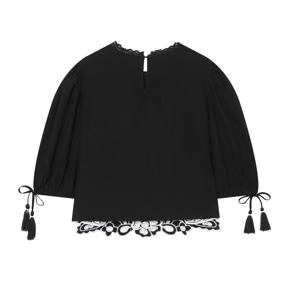 Women's Blouse with Floral Lace and Flutter Sleeves