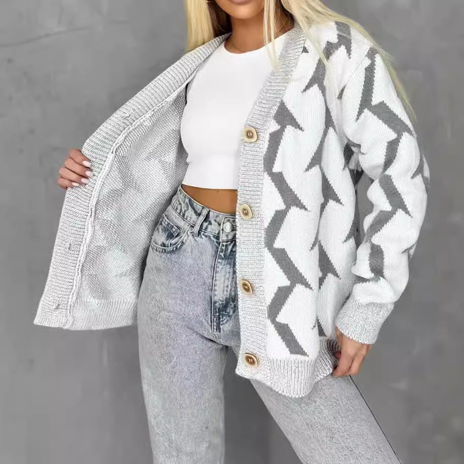 Women's Cozy Knit Cardigan with Modern Lightning Design and Button Closure