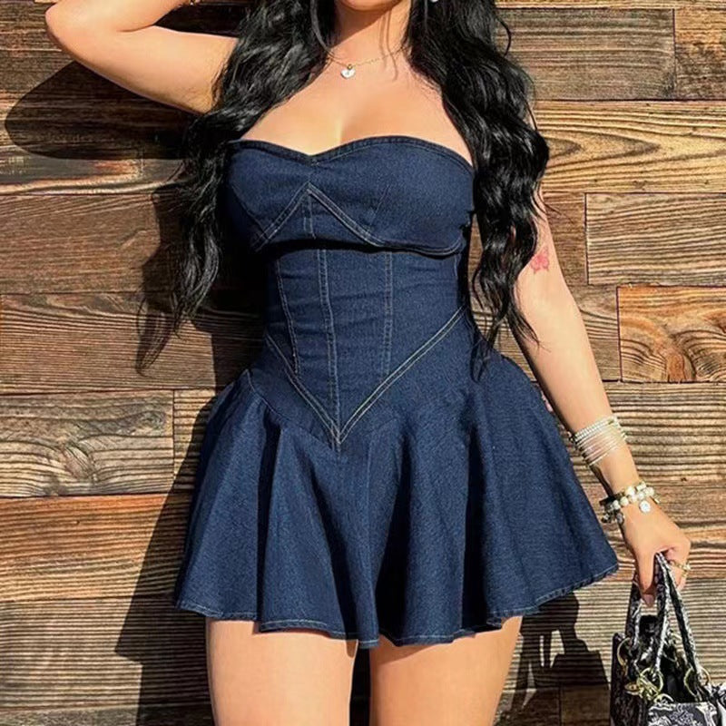 Women's Denim Playsuit with Corsage Design