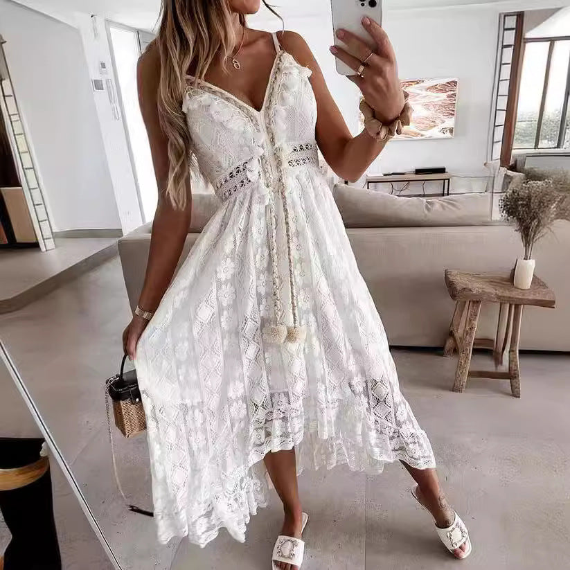 Boho Maxi Dress with Lace Accents and Decorative Tassels