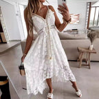 Boho Maxi Dress with Lace Accents and Decorative Tassels